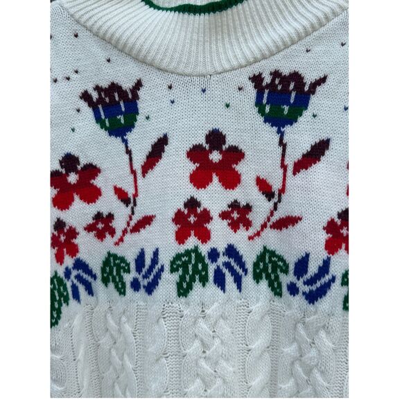 Vintage 80s Floral Fair Isle Cable Knit Sweater White Red Green (Womens M/L) - Picture 2 of 5